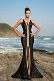 Sparkly Black Mermaid Sequin Halter Long Formal Dress with Slit