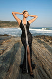 Sparkly Black Mermaid Sequin Halter Long Formal Dress with Slit