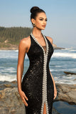 Sparkly Black Mermaid Sequin Halter Long Formal Dress with Slit