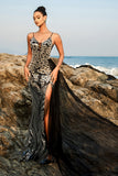 Sparkly Black Mermaid Sequin Long Formal Dress with Slit