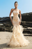 Sparkly Champagne Sweetheart Mermaid Ruffled Sequin Long Formal Dress