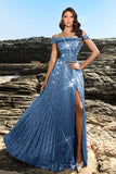 Sparkly Off The Shoulder Grey Blue A Line Sequin Long Formal Dress with Slit