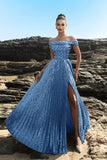 Sparkly Off The Shoulder Grey Blue A Line Sequin Long Formal Dress with Slit