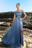 Sparkly Off The Shoulder Grey Blue A Line Sequin Long Formal Dress with Slit
