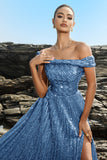 Sparkly Off The Shoulder Grey Blue A Line Sequin Long Formal Dress with Slit