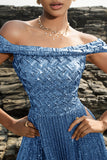 Sparkly Off The Shoulder Grey Blue A Line Sequin Long Formal Dress with Slit