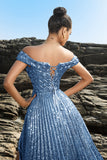 Sparkly Off The Shoulder Grey Blue A Line Sequin Long Formal Dress with Slit