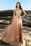 Sparkly Off The Shoulder Grey Blue A Line Sequin Long Formal Dress with Slit