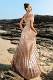 Sparkly Off The Shoulder Grey Blue A Line Sequin Long Formal Dress with Slit