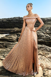 Sparkly Off The Shoulder Grey Blue A Line Sequin Long Formal Dress with Slit