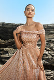 Sparkly Off The Shoulder Grey Blue A Line Sequin Long Formal Dress with Slit
