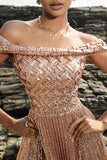 Sparkly Off The Shoulder Grey Blue A Line Sequin Long Formal Dress with Slit
