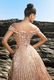Sparkly Off The Shoulder Grey Blue A Line Sequin Long Formal Dress with Slit