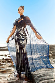 Sparkly Navy Mermaid Sequin Long Formal Dress with Detachable Cape