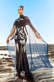 Sparkly Navy Mermaid Sequin Long Formal Dress with Detachable Cape