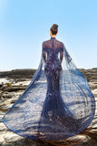 Sparkly Navy Mermaid Sequin Long Formal Dress with Detachable Cape