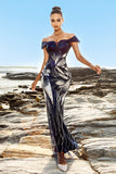 Sparkly Navy Mermaid Sequin Long Formal Dress with Detachable Cape