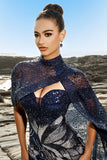 Sparkly Navy Mermaid Sequin Long Formal Dress with Detachable Cape