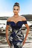 Sparkly Navy Mermaid Sequin Long Formal Dress with Detachable Cape