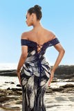 Sparkly Navy Mermaid Sequin Long Formal Dress with Detachable Cape