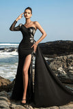 Sparkly One Shoulder Black Mermaid Sequin Long Formal Dress with Slit