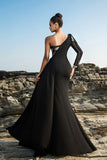 Sparkly One Shoulder Black Mermaid Sequin Long Formal Dress with Slit