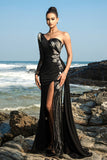 Sparkly One Shoulder Black Mermaid Sequin Long Formal Dress with Slit
