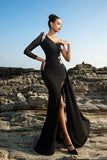 Sparkly One Shoulder Black Mermaid Sequin Long Formal Dress with Slit