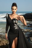 Sparkly One Shoulder Black Mermaid Sequin Long Formal Dress with Slit