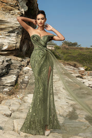 Sparkly One Shoulder Army Green Mermaid Long Formal Dress with Slit