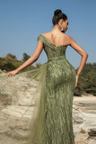Sparkly One Shoulder Army Green Mermaid Long Formal Dress with Slit