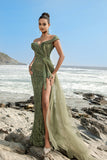 Sparkly One Shoulder Army Green Mermaid Long Formal Dress with Slit