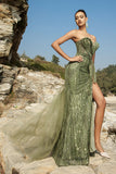 Sparkly One Shoulder Army Green Mermaid Long Formal Dress with Slit
