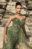 Sparkly One Shoulder Army Green Mermaid Long Formal Dress with Slit