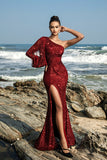 Sparkly One Shoulder Burgundy Mermaid Long Formal Dress with Slit