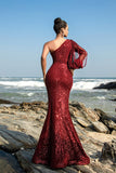 Sparkly One Shoulder Burgundy Mermaid Long Formal Dress with Slit