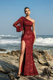 Sparkly One Shoulder Burgundy Mermaid Long Formal Dress with Slit