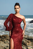 Sparkly One Shoulder Burgundy Mermaid Long Formal Dress with Slit