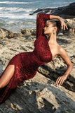 Sparkly One Shoulder Burgundy Mermaid Long Formal Dress with Slit