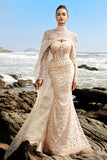 Sparkly Off The Shoulder Champagne Mermaid Beaded Corset Long Formal Dress