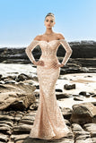 Sparkly Off The Shoulder Champagne Mermaid Beaded Corset Long Formal Dress