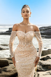 Sparkly Off The Shoulder Champagne Mermaid Beaded Corset Long Formal Dress