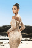 Sparkly Off The Shoulder Champagne Mermaid Beaded Corset Long Formal Dress