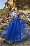 Sparkly Royal Blue Floral A Line Appliqued Tulle Long Formal Dress