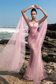 Sparkly Pink Mermaid Sequin Long Formal Dress with Cape Sleeves