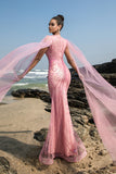 Sparkly Pink Mermaid Sequin Long Formal Dress with Cape Sleeves