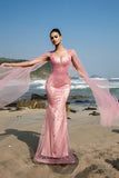 Sparkly Pink Mermaid Sequin Long Formal Dress with Cape Sleeves