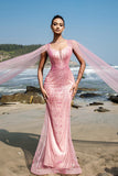 Sparkly Pink Mermaid Sequin Long Formal Dress with Cape Sleeves