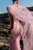 Sparkly Pink Mermaid Sequin Long Formal Dress with Cape Sleeves