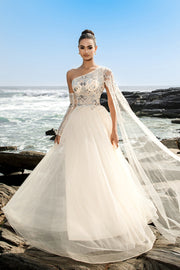 Champagne One Shoulder Appliqued Long Formal Dress with Side Cape